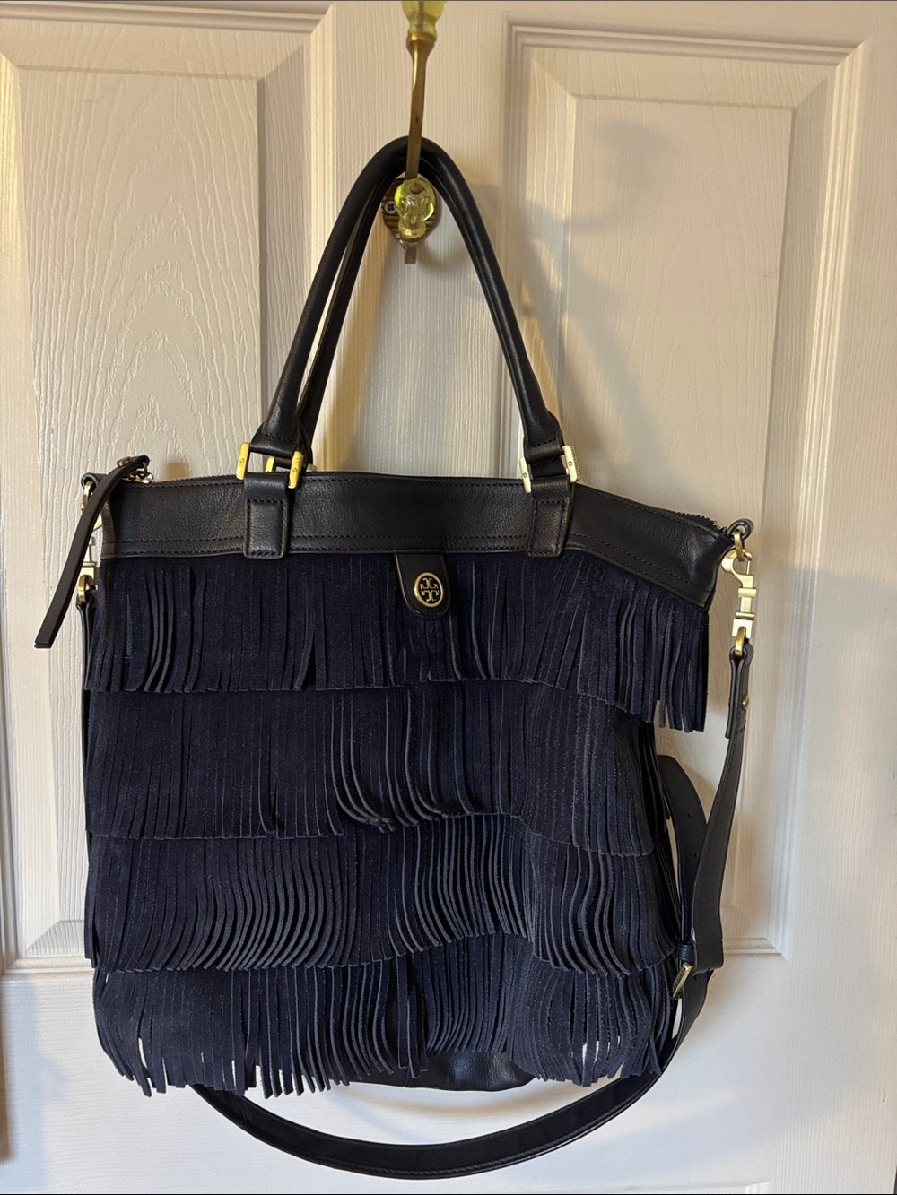 Tory Burch Navy Suede Fringe Tote with  Leather Trim